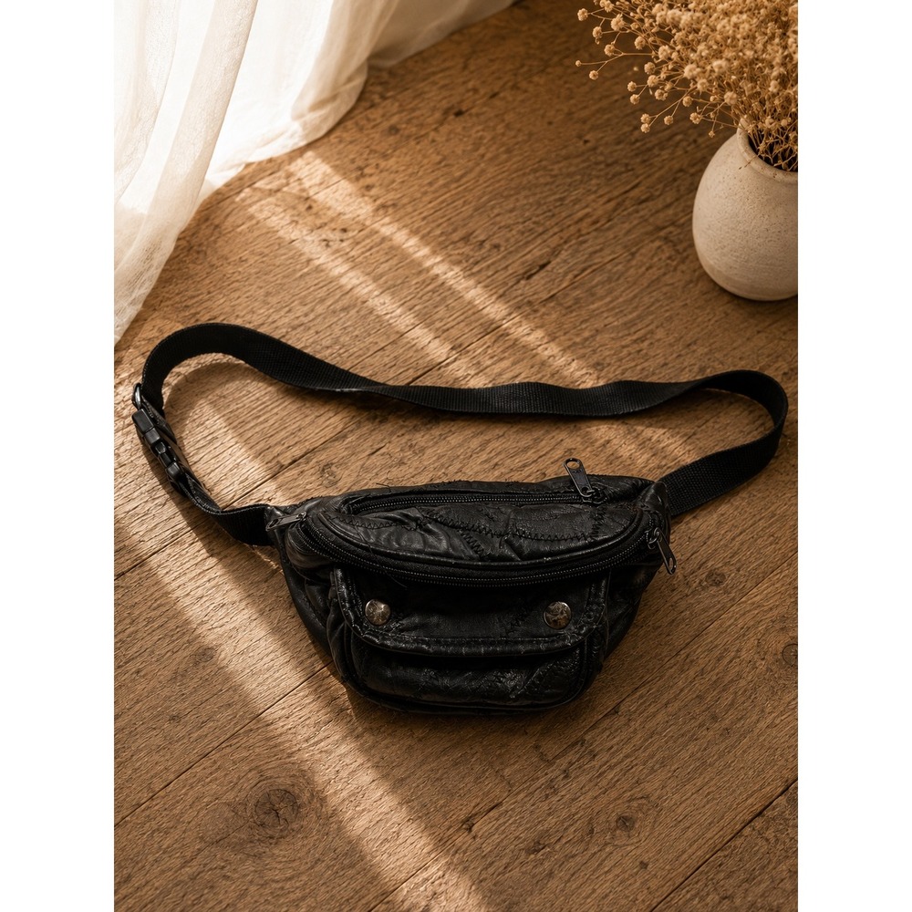 Vintage Black Patchwork Genuine Leather Waist Bag Fanny Pack Festival Grunge
